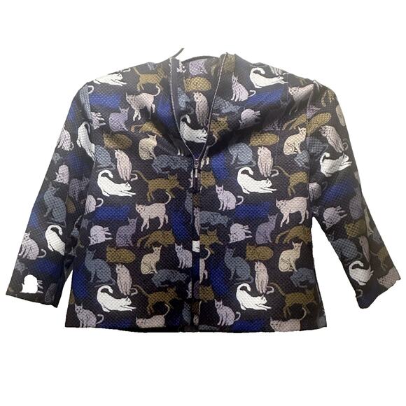 H&M Cat Print Jacquard Cropped Jacket Women’s Size 8 3/4 Sleeve Zip Up - Picture 1 of 6